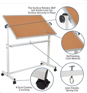 Reversible Mobile Cork Bulletin Board and Whiteboard with Pen Tray